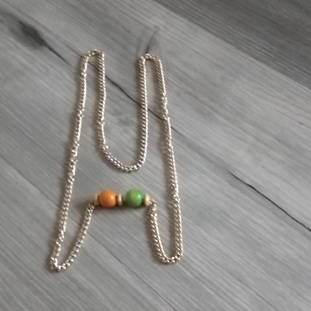 Silver Necklace with Orange and Green Beads